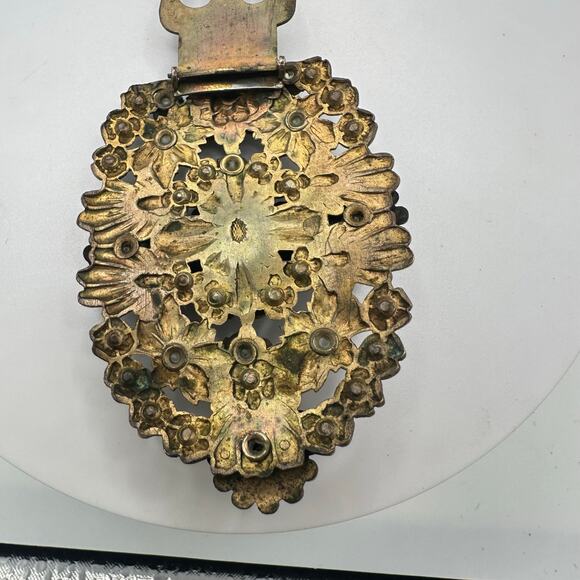 1920s antique Art Deco Czech blue clear glass rhinestones floral Dress clip - Picture 7 of 9